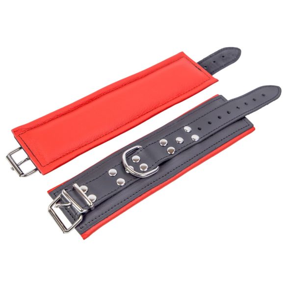 Párnázott bőr csuklókötöző – fekete-piros színben