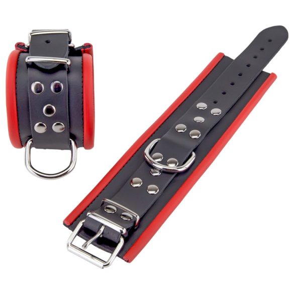 Bőr csuklókötöző - fekete-piros prémium minőségben