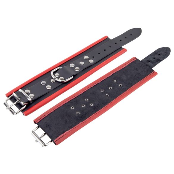 Bőr csuklókötöző - fekete-piros prémium minőségben