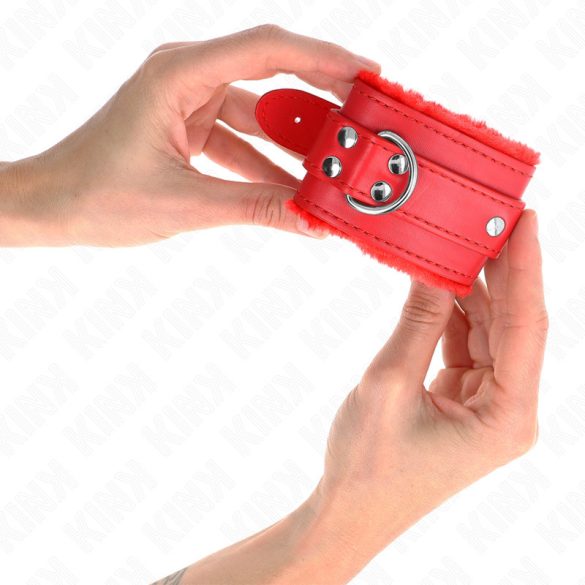 KINK - állítható, prémium bőrpántos csuklóbilincsek vörössel