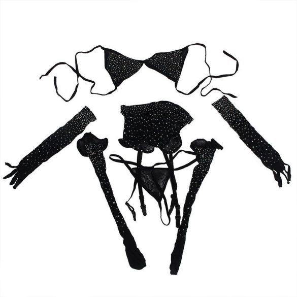 SUBBLIME - fekete halhálós bodystocking kesztyűvel és gyémántokkal